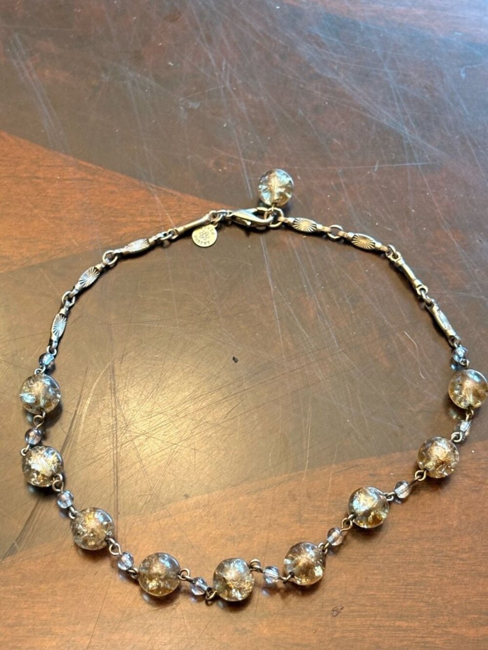 David Aubrey Amber Foil Crackle Glass Beaded Choker Necklace 15"